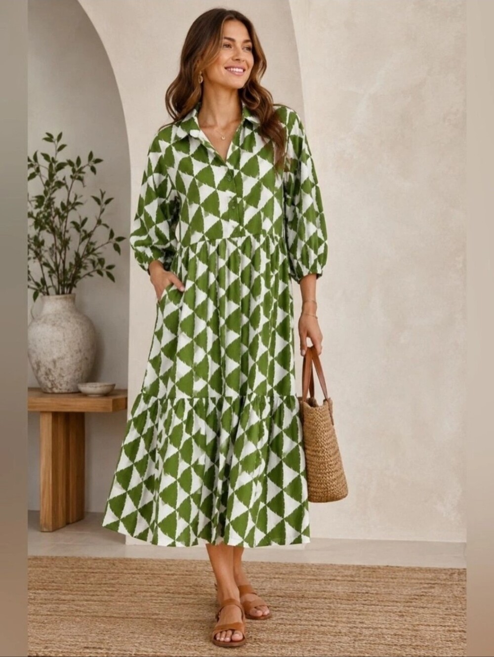 Maeve by Anthropologie Green White Geometric Bettina Tiered Shirt Dress Size XL